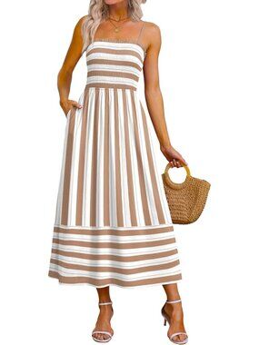 Women's Khaki Striped Spaghetti Strap Smocked Casual Boho Beach Long Maxi Dress
